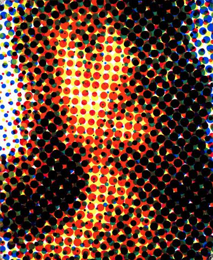 这幅由利兰·迈纳斯(Leland Meiners)于2009年创作的丝网印刷肖像使用超大的benday圆点来创造扭曲.